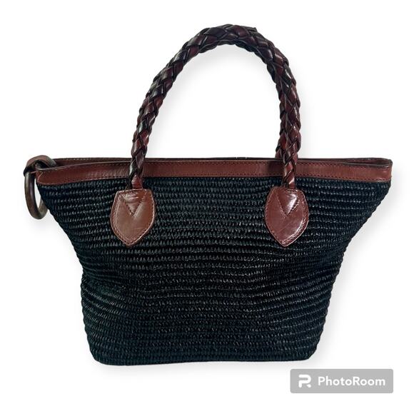 Dillard's Handbags - Dillard's VTG Black Fiber & Brown Genuine Leather Trim Hand Bag Tote Purse Italy